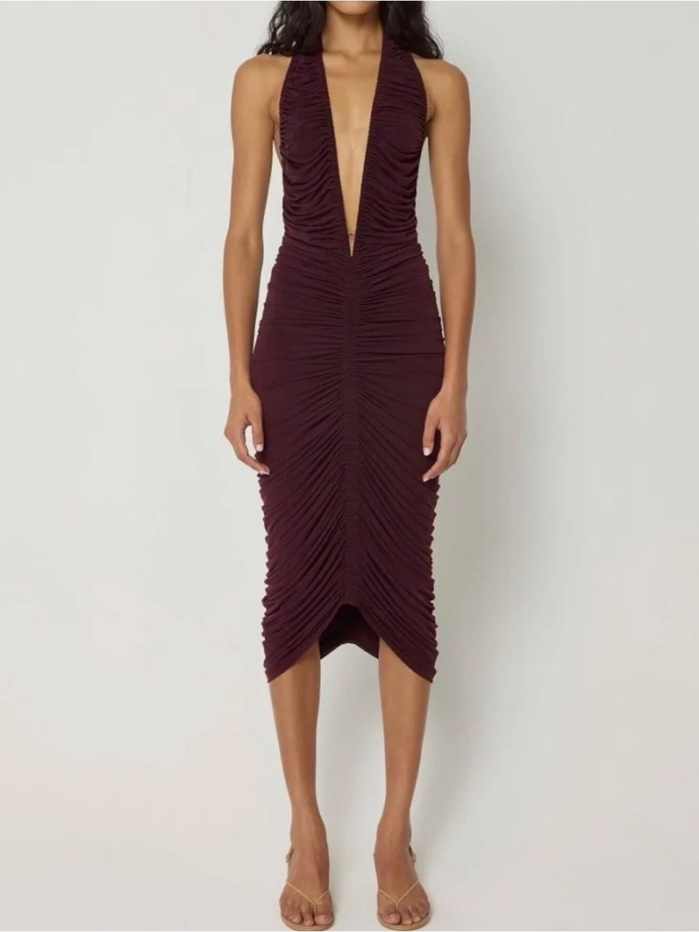 Khy by Kylie Jenner Black Cherry Ruched Bodycon Midi Dress, Size XS